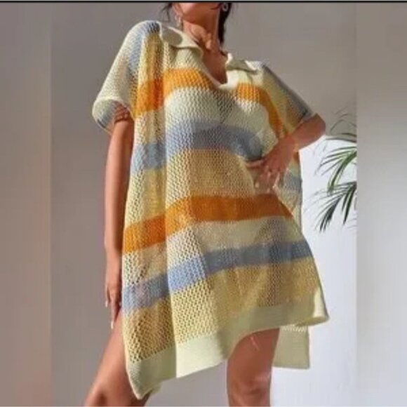 Crochet Beach Boho Vacation Summer Coverup Preppy Johnny Collar Euro OSFA - Picture 2 of 9